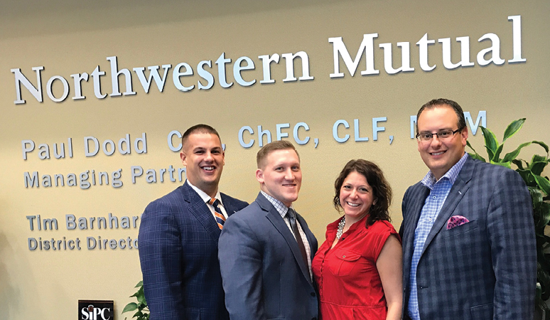 SUNY Oswego has provided a lot of talent to Northwestern Mutual, including (from left) Jonah Coburn ’10, college unit director; <strong>Jimmy Dexter ’10, director of training and development; Rachael Manning ’07, client relations center director; and Tim Barnhart ’02, managing director.