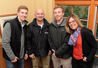 Pictured: The Bacon family at the 2016 Alumni Legacy Reception in King Alumni Hall (Kyle ’20, William IV ’90, William V ’18 and Holly Roth Bacon ’88)