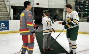 President Nwosu took the ice for the ceremonial puck drop before the Lakers