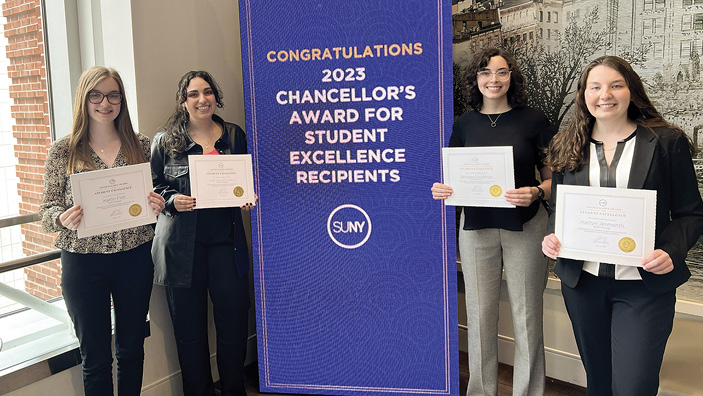 Winners of the 2023 Chancellor’s Awards for Student Excellence are Kaitlin Flint ’22, Adriana Militello ’22 M’23, Brooke Goodman ’23 and Kaitlyn Jesmonth ’23.