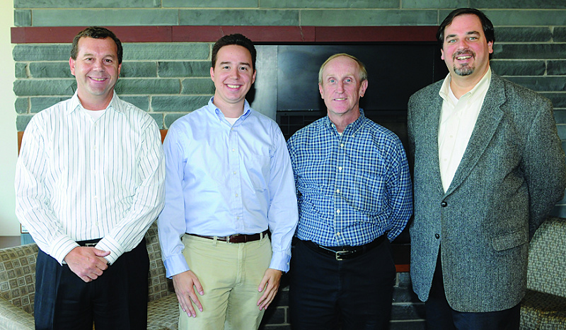 New Oswego Alumni Association board members pose with board President Bill Schreiner ’92, far right. They are, from left, Rick Yacobush ’77, Josh Miller ’08 and Mike Caldwell ’70. Absent from the photo are Jerry Esposito ’70 and Paul Brennan ’93.