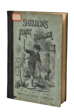 Book Titled "Sheldon's First Reader"  - Pictured on cover: drawn children playing hoop trundling