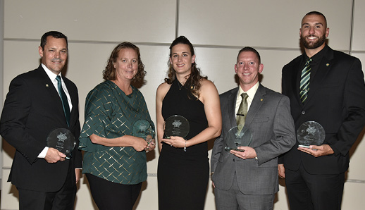 Pictured from left are: Andrew Clapp ’96, Robyn Bramoff Mott ’04, Heidi Armstrong ’08, Kevin Morgan ’08 and Chad Burridge ’12. Not pictured is inductee Jon Whitelaw '13 M'18, who was unable to attend the event.